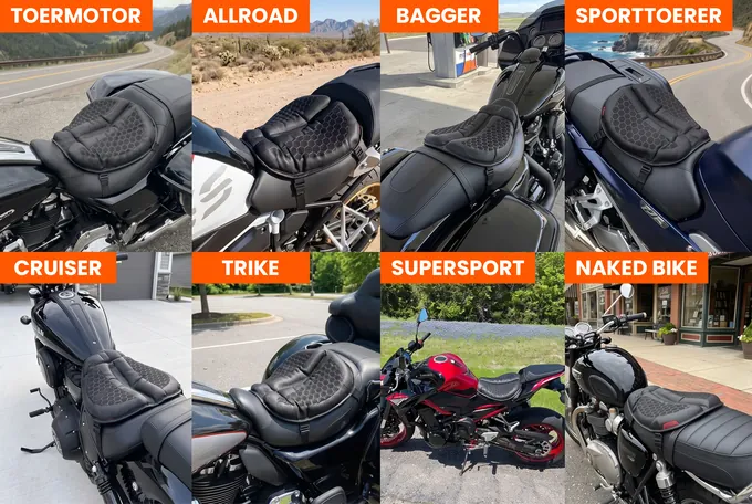 SelleZen gemonteerd op acht soorten motoren: toermotor, allroad, bagger, sporttoerer, cruiser, trike, supersport, naked bike